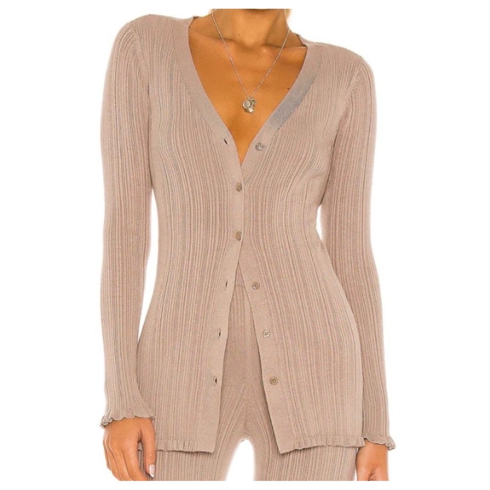Tularosa Ribbed V-Neck Button Front Cardigan Lettuce Edge Taupe Brown Small